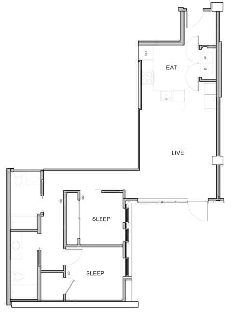 A floor plan of a house with labeled rooms including an eat area, live area, and two sleep areas.